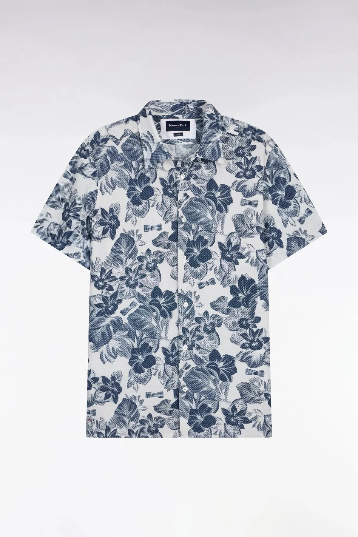 Chemise à manches courtes en piqué coton à motif floral marine coupe slim